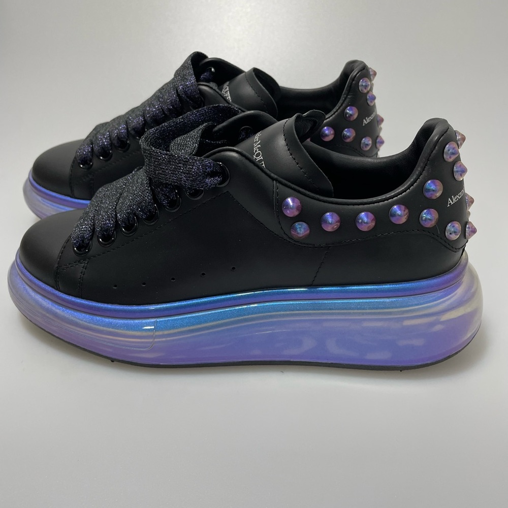 Alexander McQueen Black Leather Sneakers with Iridescent Blue Platform - Picture 4 of 11